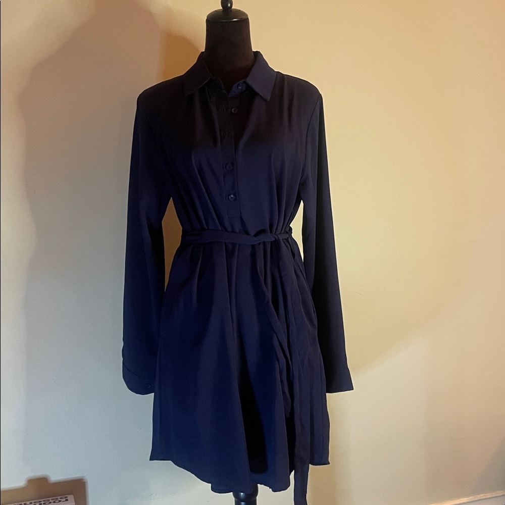 Navy Blue Button-Up Dress with Belt